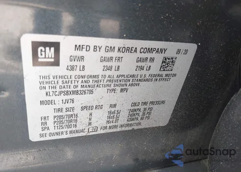 2021 Chevrolet Trax Awd Lt из США, поврежденный, VIN KL7CJPSBXMB326705